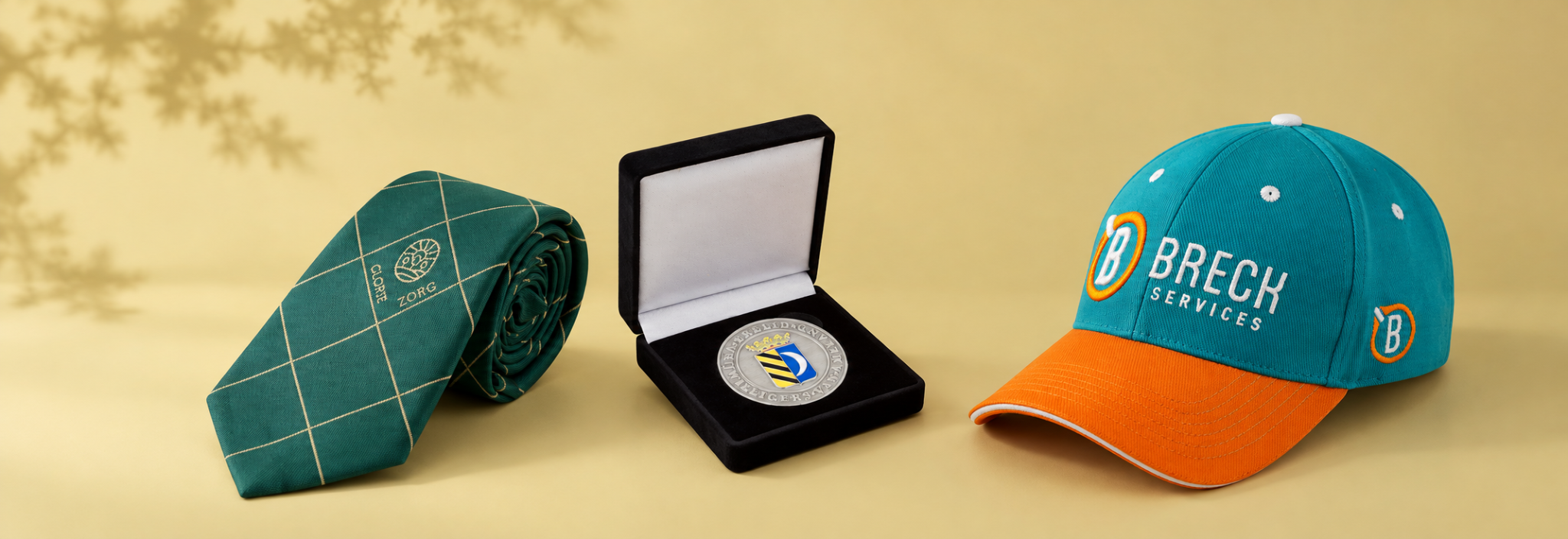 Custom made stropdas, medaille en geborduurde cap